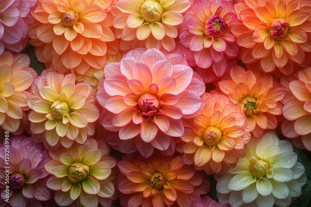 Fototapeta premium Dew Kissed Dahlia Blooms In Warm Hues