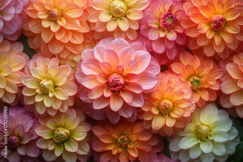 Dew Kissed Dahlia Blooms In Warm Hues