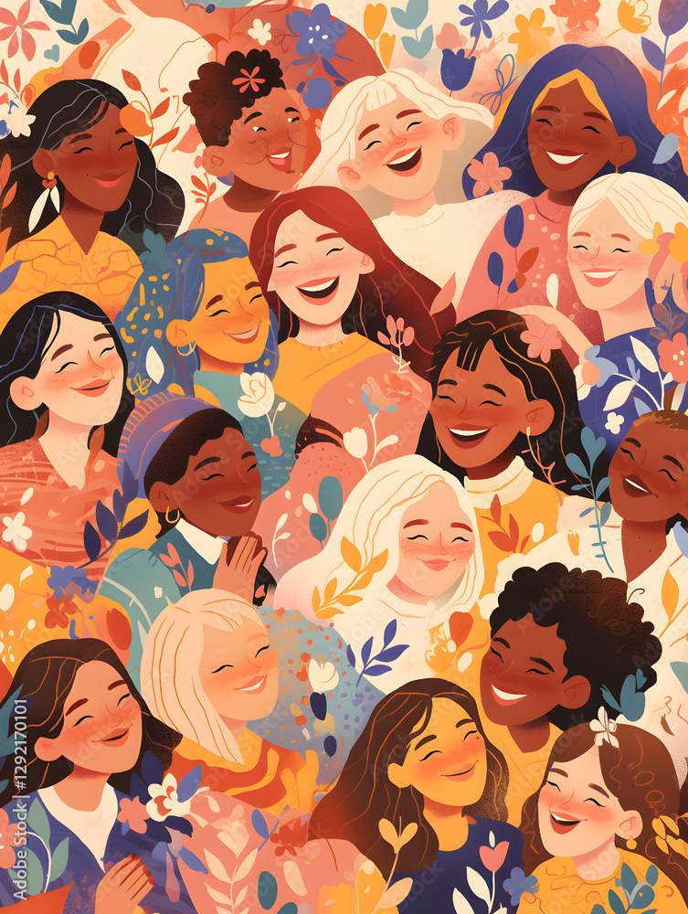 A vibrant illustration showing a group of diverse women laughing joyfully, surrounded by floral patterns. A vibrant illustration showing a group of diverse women laughing joyfully, surrounded by floral patterns.