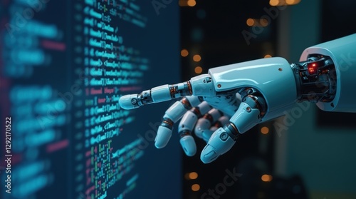 AI Robot Hand Interacting with Computer Code while coding