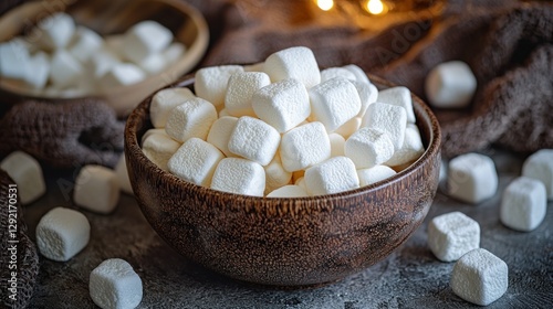 Bowl of marshmallows, cozy winter scene, food photography
