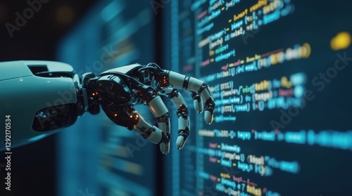 AI Robot Hand Interacting with Computer Code while coding