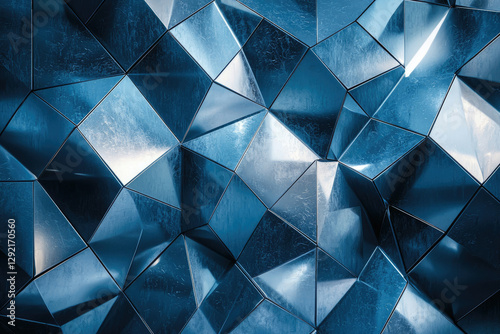 Abstract blue metallic geometric pattern, textured and reflective surface, polygonal shapes create a modern design.