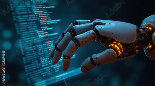 AI Robot Hand Interacting with Computer Code while coding