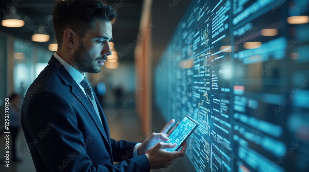 Fototapeta premium Businessman use artificial intelligence AI technology for enhanced work efficiency data analysis and efficient tools, Unlocking work potential with AI solutions chatbot help solve work problems.