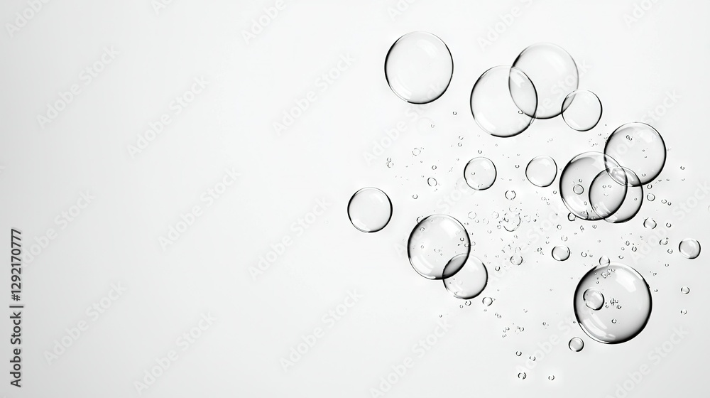 A collection of air pockets gliding atop a white layer, adorned with droplets beneath A collection of air pockets gliding atop a white layer, adorned with droplets beneath