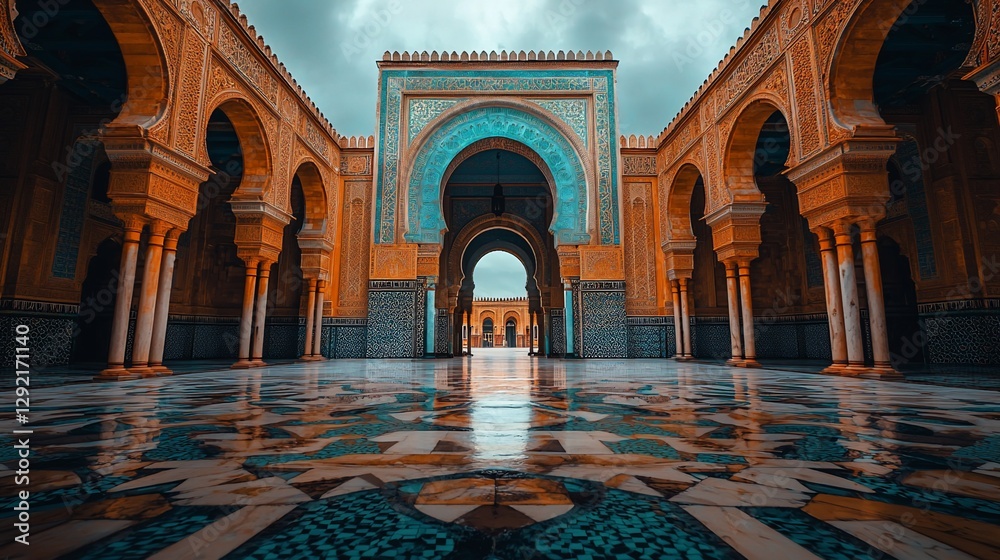 Obraz premium Grand mosque courtyard with intricate arches and tiled floor.