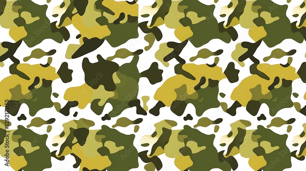 Naklejka premium Camouflage Pattern: A seamless camouflage pattern in shades of green and yellow, ideal for military, hunting, or fashion designs, offering a blend of concealment and aesthetic appeal.