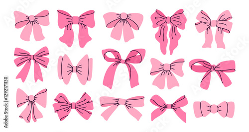 Set of cute romantic pink bows. Hand drawn girlish hair fashion accessories design collection. Elegant feminine  knotted textile ribbons. EPS 10 vector illustrations.