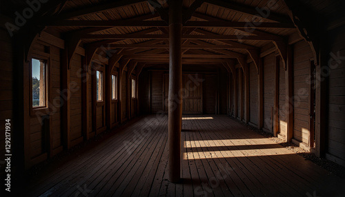 Minimalistic interior of a dimly lit ship's lower deck with wooden beams and shadows
