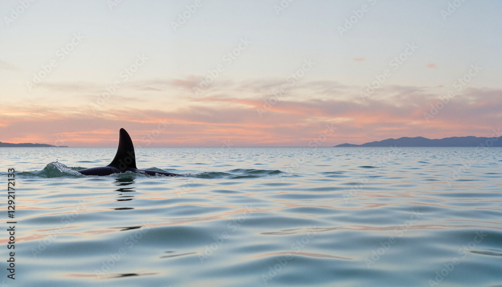 Naklejka premium Close-up of blacktip shark's dorsal fin breaking the calm ocean surface at sunset