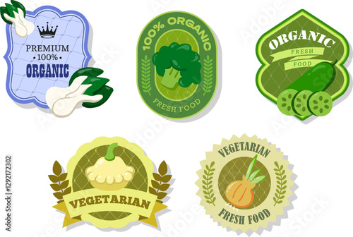 Different retro vegetables banner and labels. Packaging tags with bok choy, cucumber, broccoli, patissons, onion. Set of seasonal vegetables labels stickers and marks or badges template for packaging
