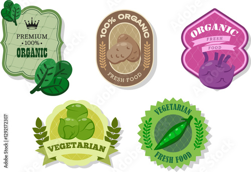 Different retro vegetables banner and labels. Packaging tags with spinach, brussels sprouts, potato, peas, Kohlrabi. Set of seasonal vegetables labels and marks or badges template for packaging