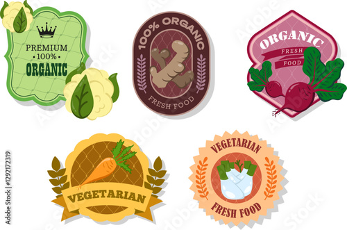 Different retro vegetables banner and labels. Packaging tags with cauliflower, beetroot, ginger, carrot, fennel. Set of seasonal vegetables labels stickers and marks or badges template for packaging