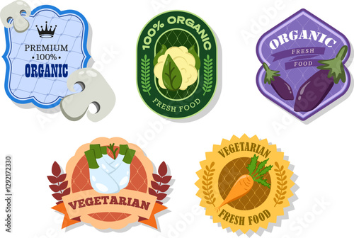Different retro vegetables banner and labels. Packaging tags with cauliflower, carrot, fennel, eggplant, champignons. Set of seasonal vegetables labels and marks or badges template for packaging