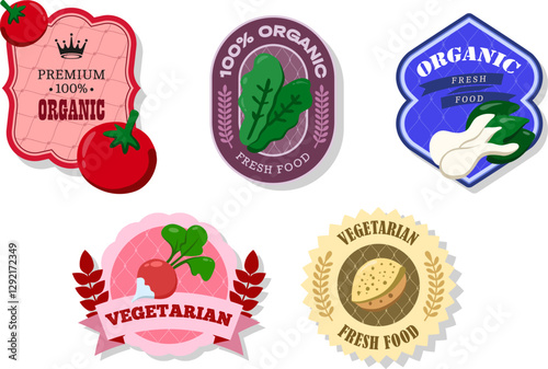 Different retro vegetables banner and labels. Packaging tags with Bok choy, sorrel, almond, tomato, radish. Set of seasonal vegetables labels stickers and marks or badges template for packaging