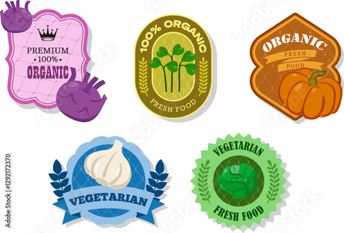 Different retro vegetables banner and labels. Packaging tags with Kohlrabi,garlic,iceberg lettuce, pumpkin,watercress salad.Set of seasonal vegetables labels and marks or badges template for packaging