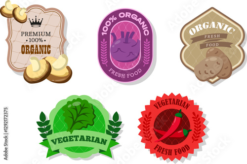 Different retro vegetables banner and labels. Packaging tags with shiitake,potato,chili pepper,lettuce, Kohlrabi. Set of seasonal vegetables labels stickers and marks or badges template for packaging