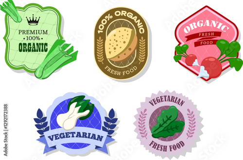 Different retro vegetables banner and labels. Packaging tags with radish, Bok choy, sorrel, almond, celery. Set of seasonal vegetables labels stickers and marks or badges template for packaging