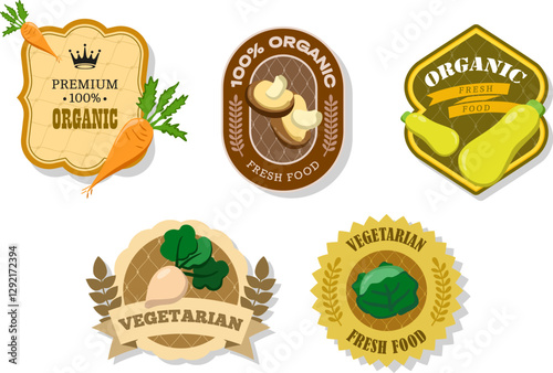 Different retro vegetables banner and labels. Packaging tags with carrot, shiitake, zucchini, turnip, cabbage. Set of seasonal vegetables labels stickers and marks or badges template for packaging