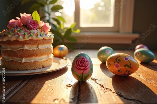 Easter celebration with cake and painted eggs photo