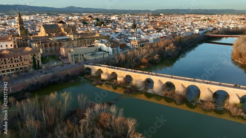 drone shot of Roman bridge in Cordoba, Andalusia, Spain, travel in Cordoba, historical landmark in Cordoba