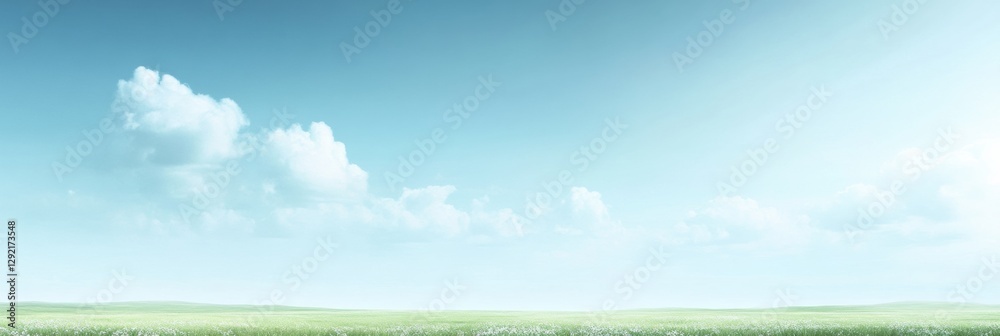 Wide open sky with soft clouds above a peaceful green landscape on a clear day. Generative AI Wide open sky with soft clouds above a peaceful green landscape on a clear day. Generative AI