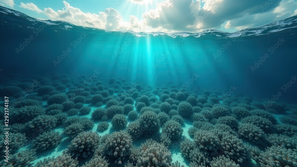 Fototapeta premium Sunlight streaming through ocean water on a coral reef affected by bleaching and climate change