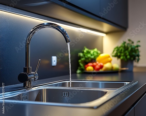 Modern kitchen faucet running water photo