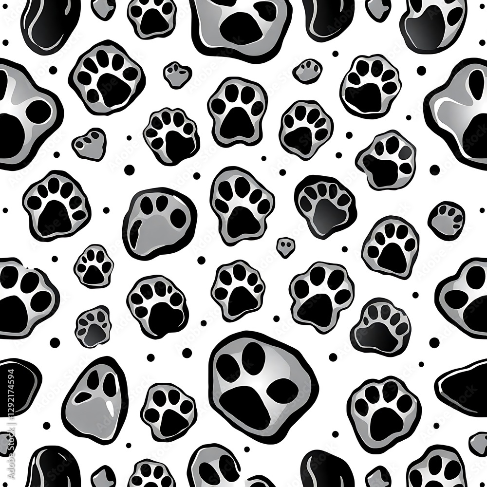 Fototapeta premium Paw Print Pattern: A playful and artistic seamless pattern featuring various stylized paw prints scattered across a surface, creating a fun and whimsical design.