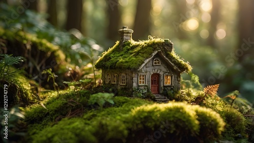 Miniature house in forest moss, macro close-up photo, tiny home in nature
