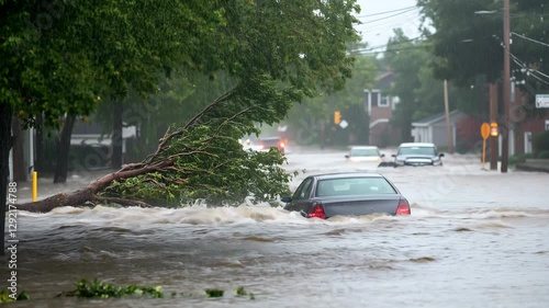 Heavy rain causes flooding in a residential area, submerging cars and creating hazardous conditions on the streets