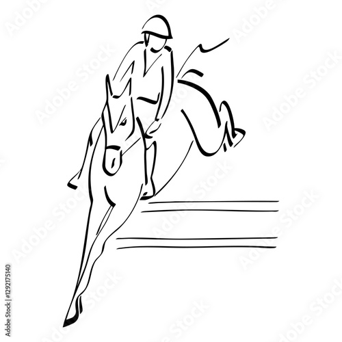 Equestrian athlete jumping over an obstacle on a horse, minimalistic black and white line art illustration  