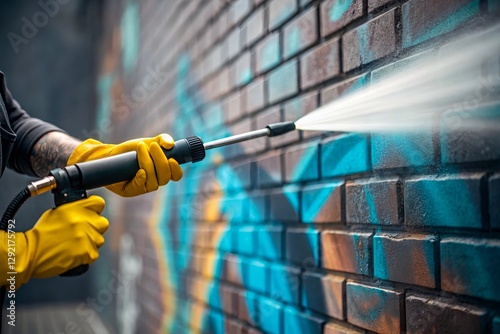 Close Up on Hands Cleaning Service Worker Removing Graffiti From Wall With Pressure Washer.	