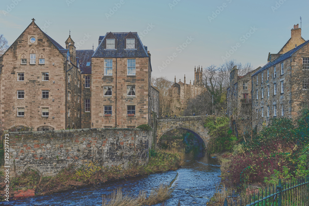 Views of Dean Village, Edinburgh, Scotland, United Kingdom with a flowing river