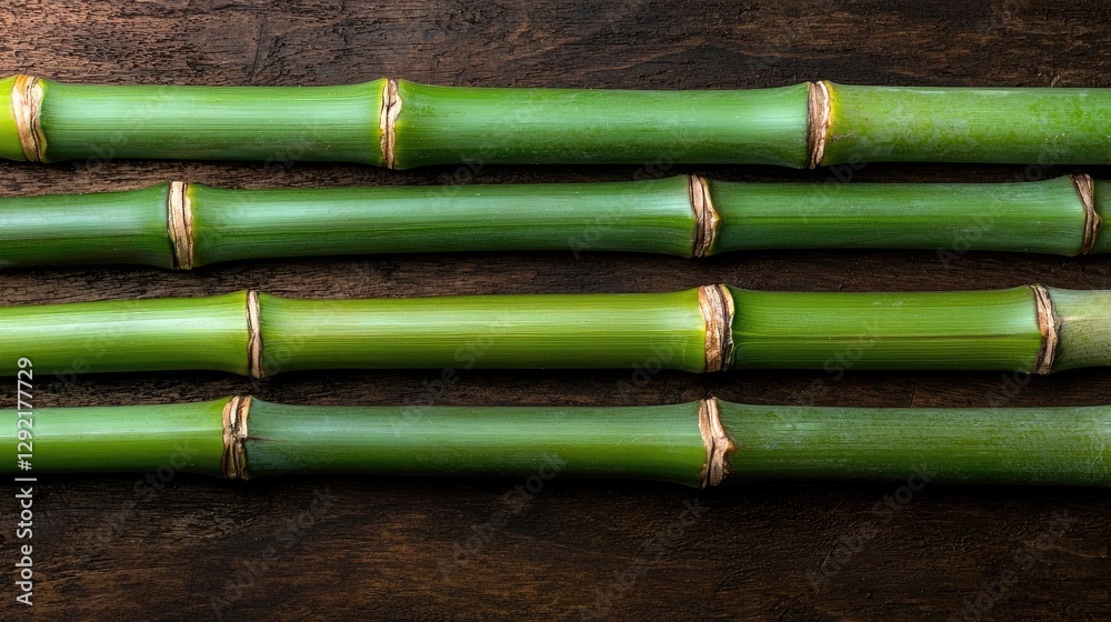 Fototapeta premium Close-up of green bamboo stalks arranged horizontally. Background is dark wood. Ideal for nature, peace, mindfulness themes