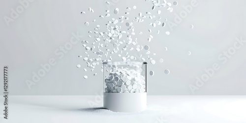 Medicine and Innovation: Floating Tablets Above a Glass Container

