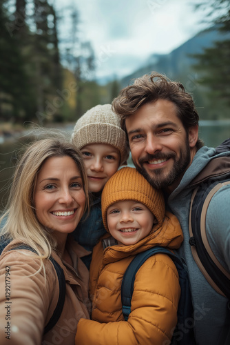 Family selfie with nature backdrop; capturing a warm moment of bonding and happiness on a scenic outdoor adventure.