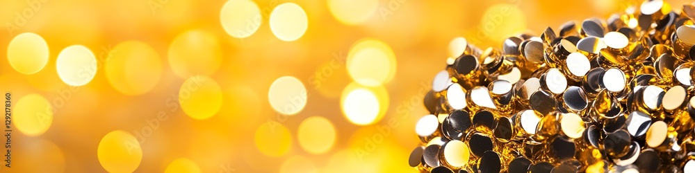 Radiant Golden Confetti Celebration: Sparkling Festive Background with Warm Yellow Bokeh Lights Radiant Golden Confetti Celebration: Sparkling Festive Background with Warm Yellow Bokeh Lights