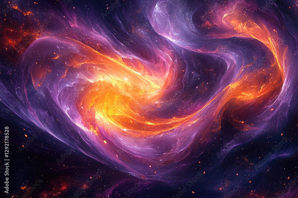 A swirling cosmic nebula, vibrant hues of purple and orange fire intermingle amidst a starry expanse. A swirling cosmic nebula, vibrant hues of purple and orange fire intermingle amidst a starry expanse.