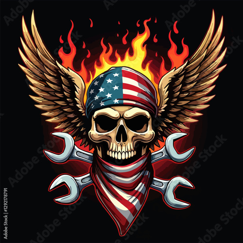 Biker vector t-shirt design with fire human skull
with usa flag bandana, wings, flame, wrench on black
background. Fashionable print for fabric, paper, men clothing, hoodie, jacket. T shirt template.