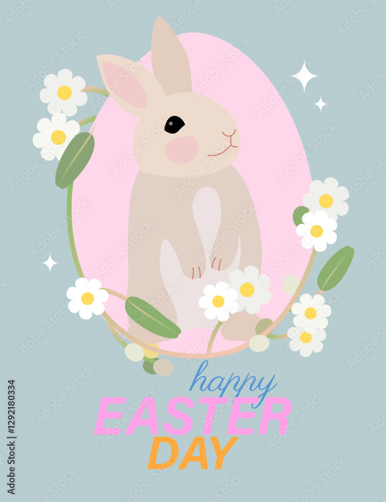Nice rabbit with flowers on a pink egg silhuette. Easter day greeting card. Nice rabbit with flowers on a pink egg silhuette. Easter day greeting card.