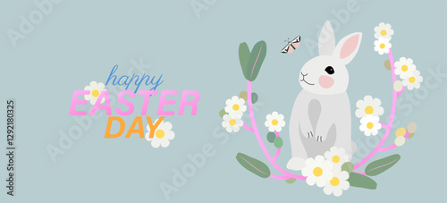 Easter day greeting banner with nice rabbit, plant,  flower and butterfly on a green background. 