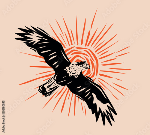 Vintage hawk, great design for any purpose. Flying bird with sun in the background, editable colors. Vector illustration.eps