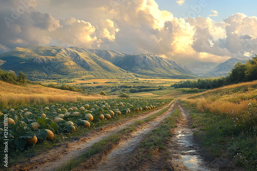 Golden Hour's Embrace, Pumpkin Patch and Mountain Serenity Landscape