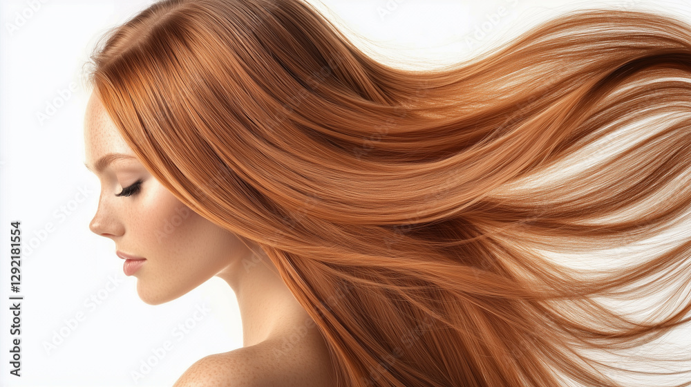 Beautiful ginger woman with straight red, long, smooth, shiny hair. Hairstyle, treatment, white background 
