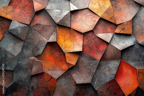 Abstract geometric pattern of cracked, polygonal stone tiles in shades of red, orange, and gray.