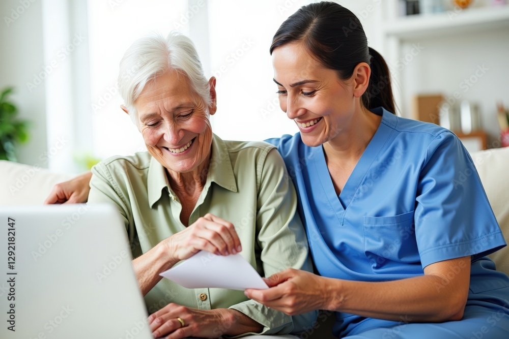 Obraz premium Caring Interaction Between a Middle-Aged Female Nurse and Elderly Woman in a Bright, Comfortable Living Room, Sharing a Moment of Joy and Connection