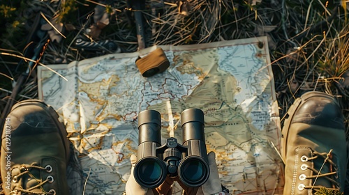 A detailed shot of binoculars and a map laid out on the ground, with hunting boots beside them.

 photo