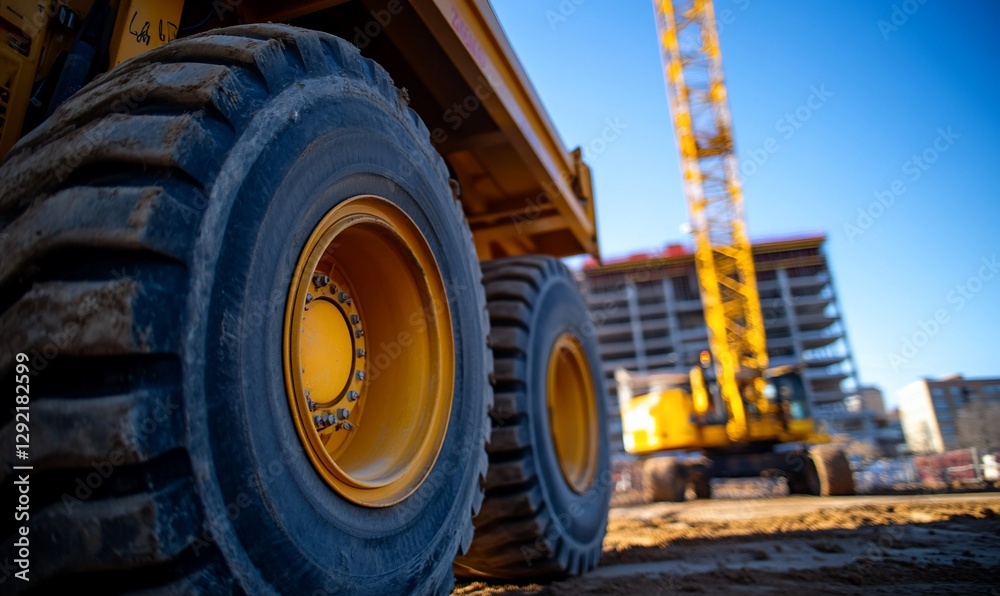 Construction site, large tires, crane, building Construction site, large tires, crane, building
